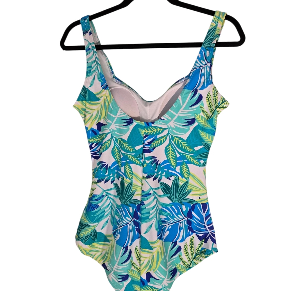 Tropical Leaf Ruched One-Piece Swimsuit - Blue/Green - Picture 6 of 8